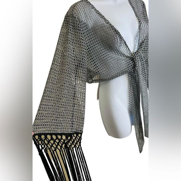 ALEXANDRA KATSAITI Women Open Weave Coverup With Fringe Silver Black Size Small - Picture 3 of 11